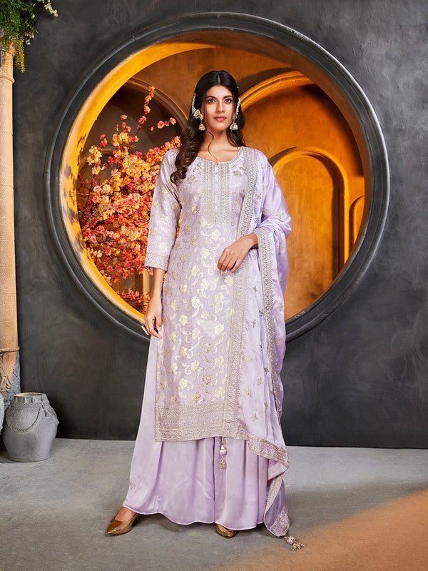 Lavender Brocade Palazzo Kurta Suit Matched with Bordered Dupatta