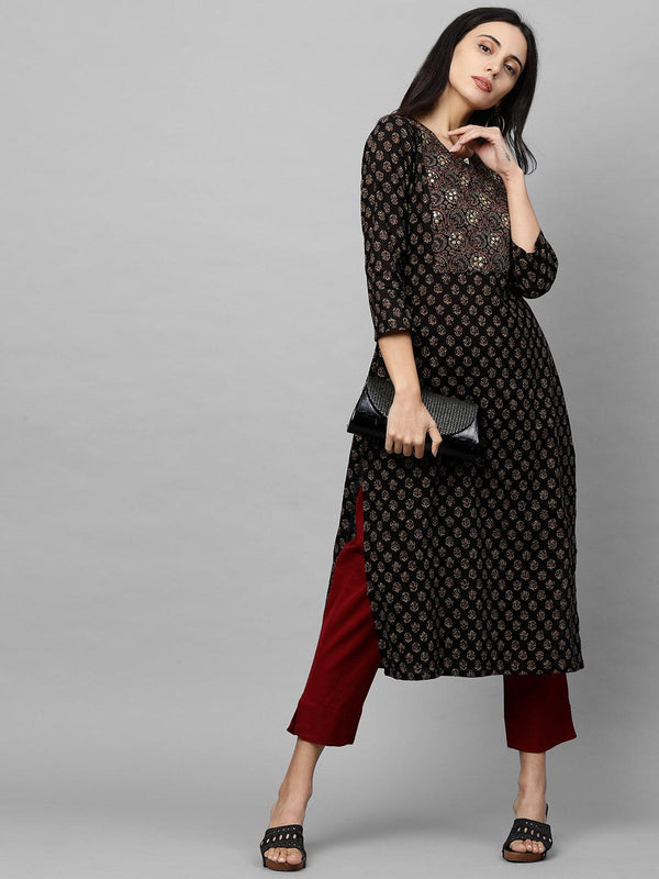 Daabu Printed Kurta with Solid Pant - Black - Indiakreations