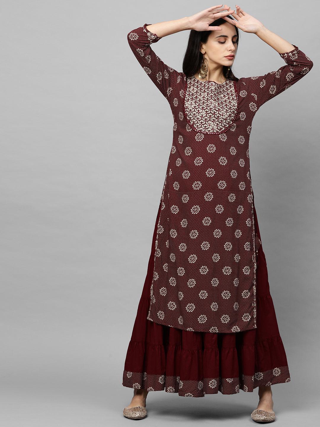 Floral Printed Kurta & Solid Skirt - Maroon - Indiakreations