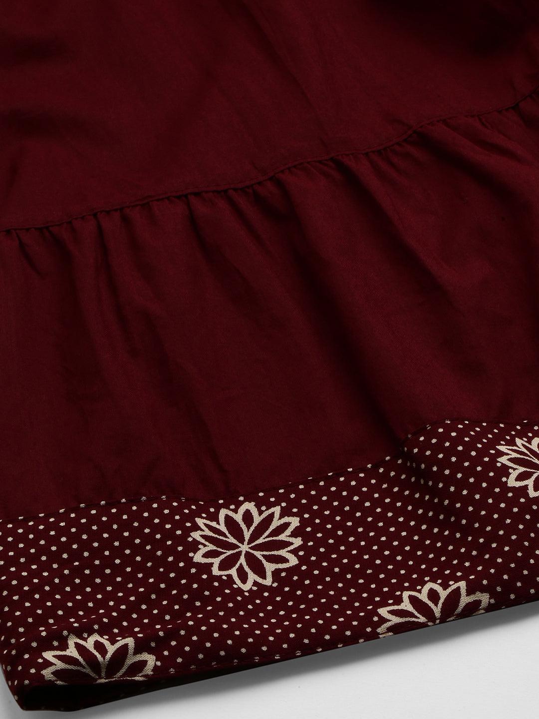 Floral Printed Kurta & Solid Skirt - Maroon - Indiakreations