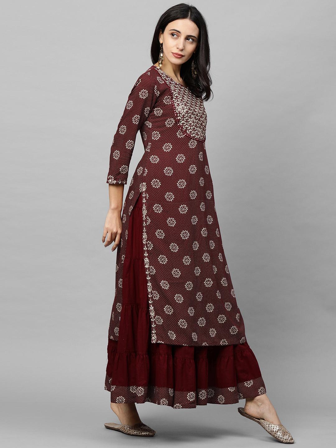 Floral Printed Kurta & Solid Skirt - Maroon - Indiakreations