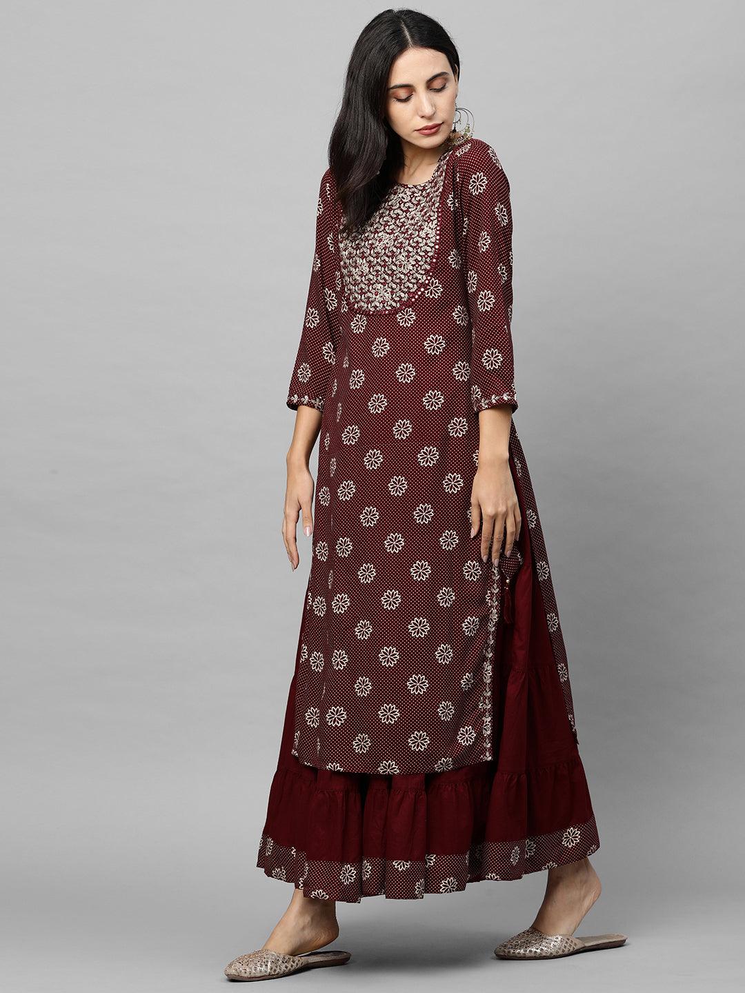 Floral Printed Kurta & Solid Skirt - Maroon - Indiakreations