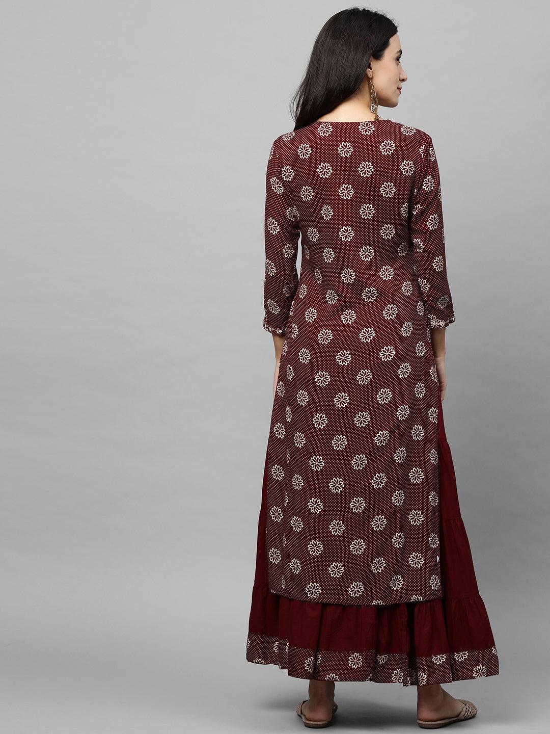 Floral Printed Kurta & Solid Skirt - Maroon - Indiakreations