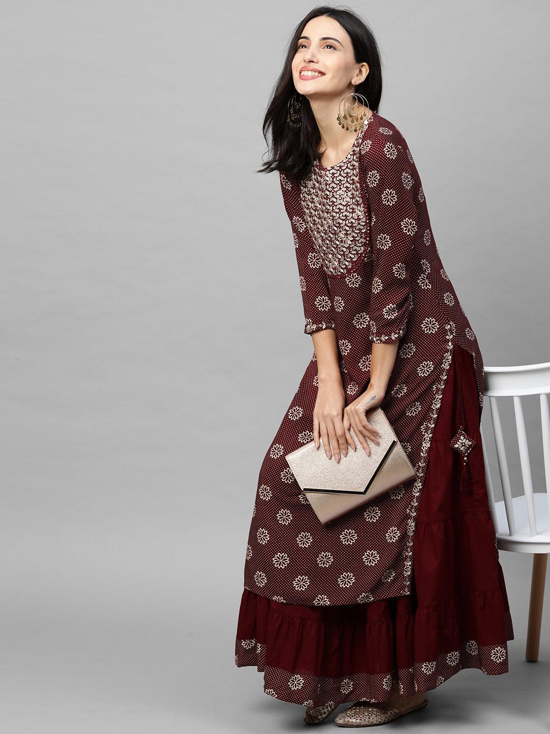 Floral Printed Kurta & Solid Skirt - Maroon - Indiakreations