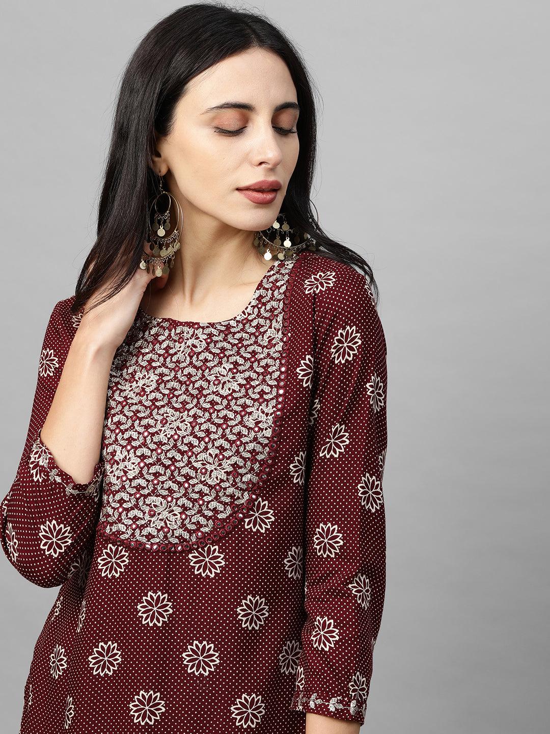 Floral Printed Kurta & Solid Skirt - Maroon - Indiakreations