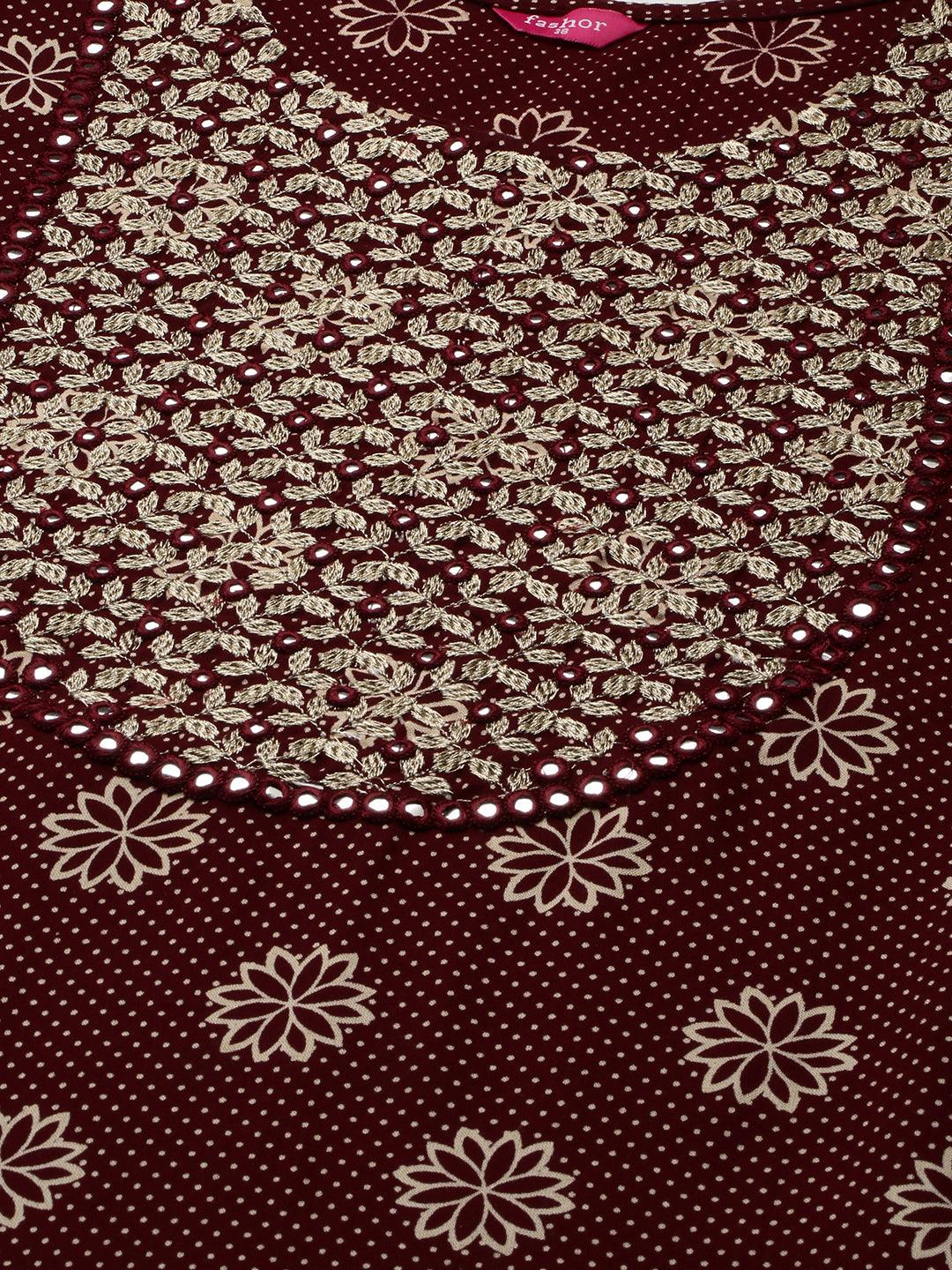 Floral Printed Kurta & Solid Skirt - Maroon - Indiakreations