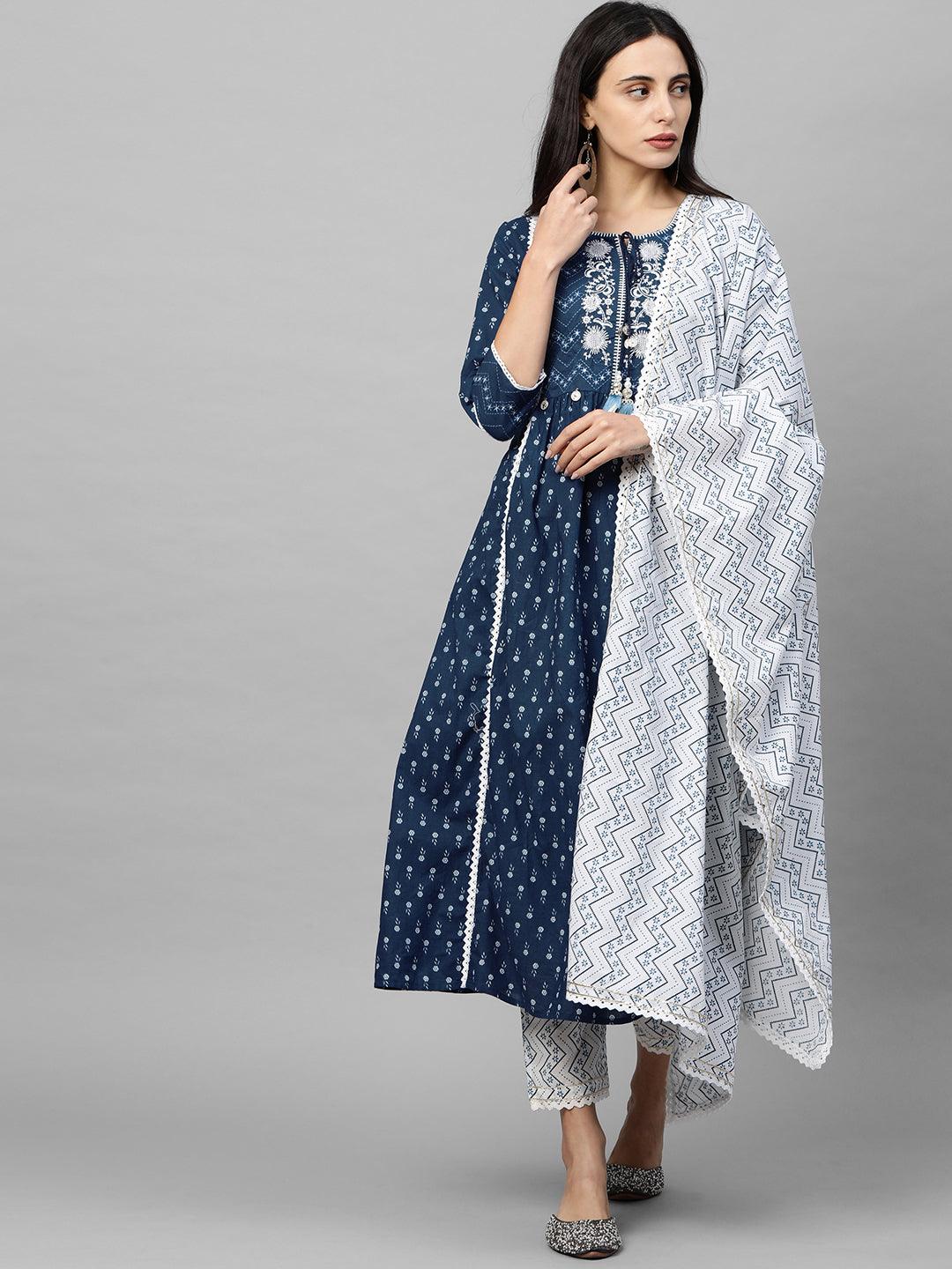 Floral Printed & Embroidered Kurta with Printed Pant & Dupatta - Navy Blue - Indiakreations