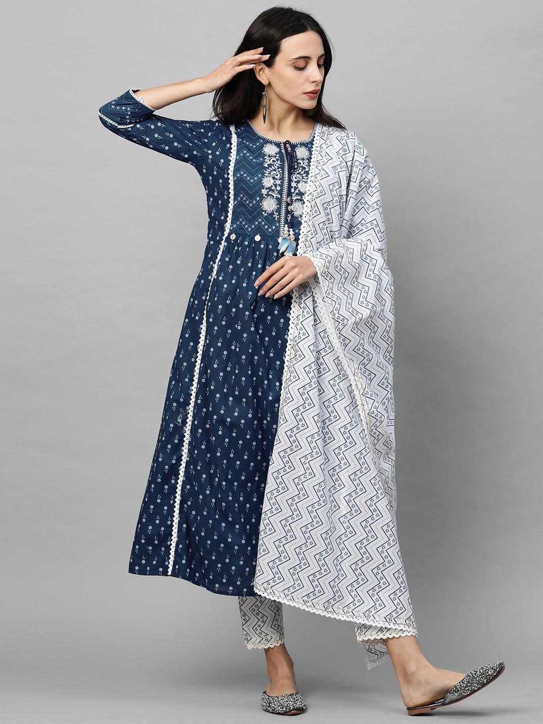 Floral Printed & Embroidered Kurta with Printed Pant & Dupatta - Navy Blue - Indiakreations