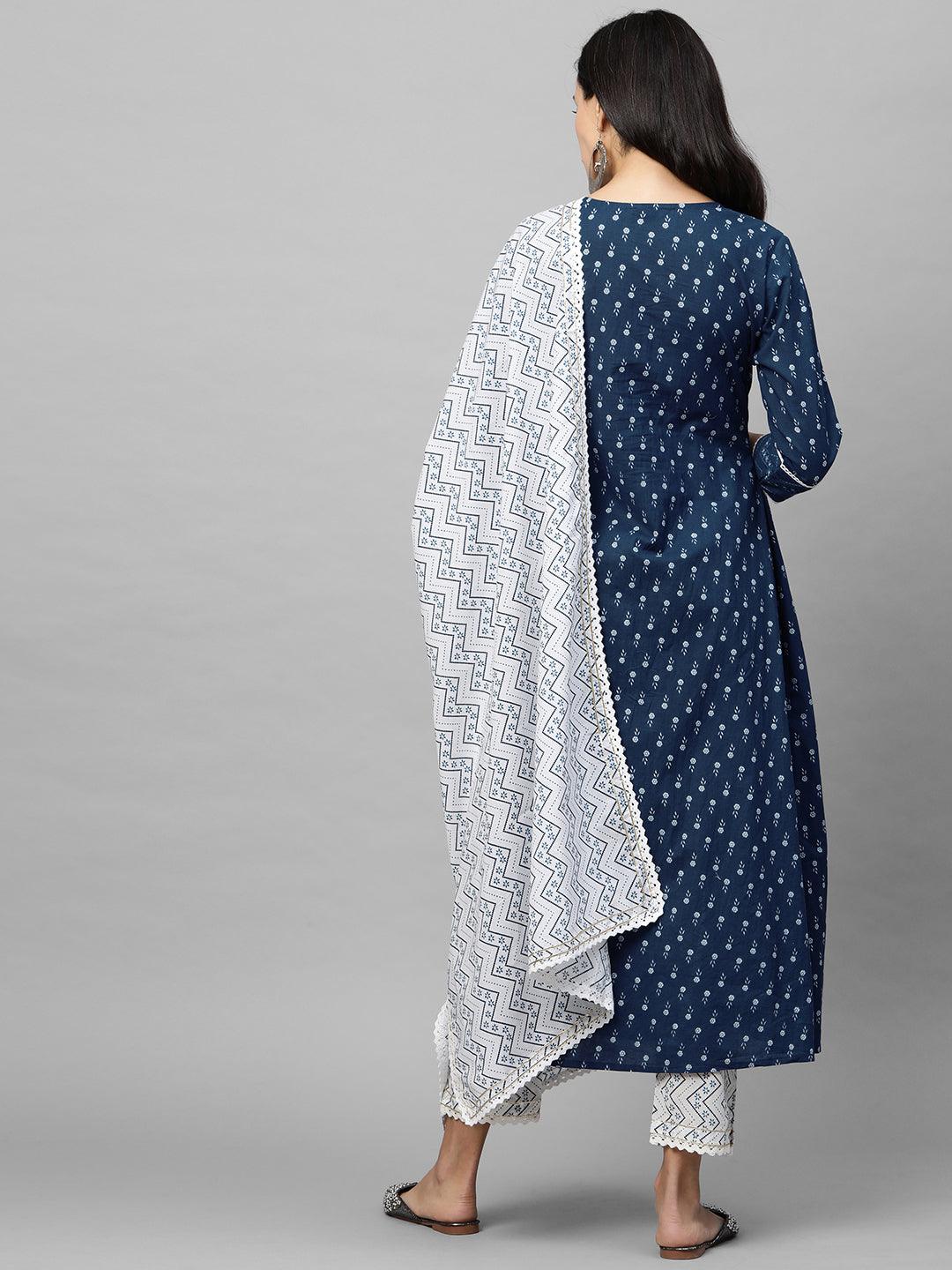 Floral Printed & Embroidered Kurta with Printed Pant & Dupatta - Navy Blue - Indiakreations