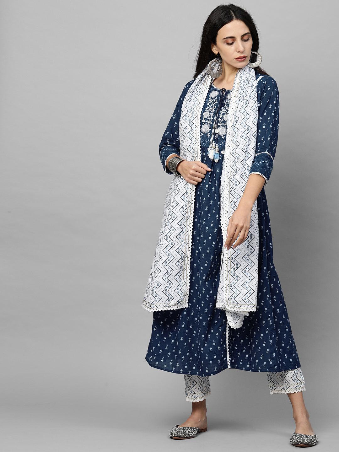 Floral Printed & Embroidered Kurta with Printed Pant & Dupatta - Navy Blue - Indiakreations