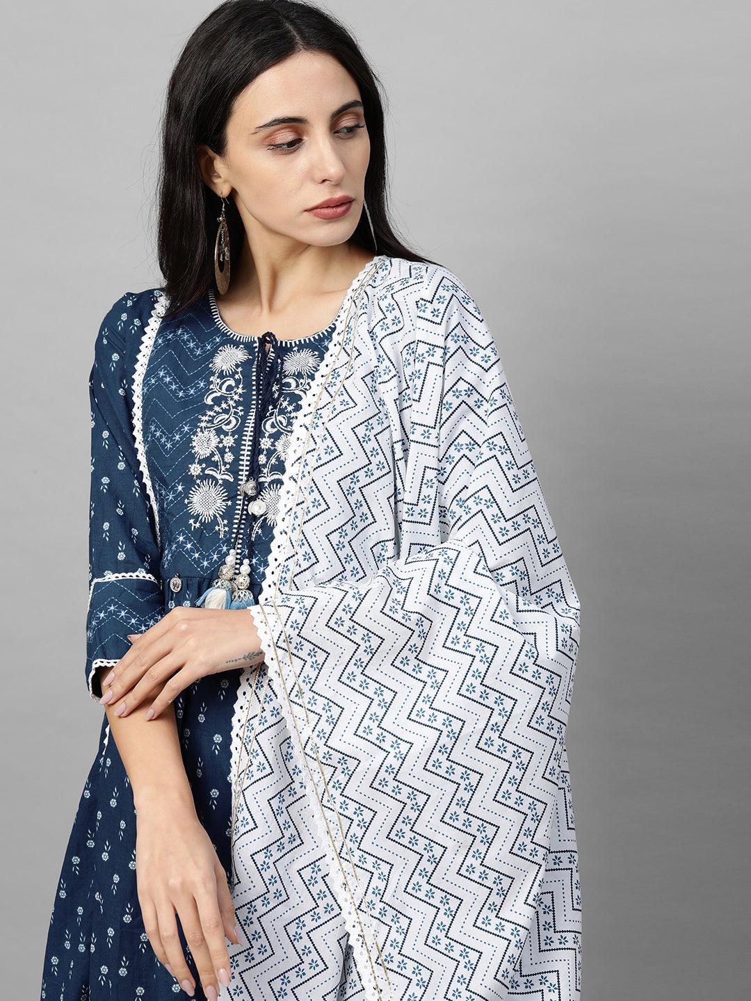 Floral Printed & Embroidered Kurta with Printed Pant & Dupatta - Navy Blue - Indiakreations