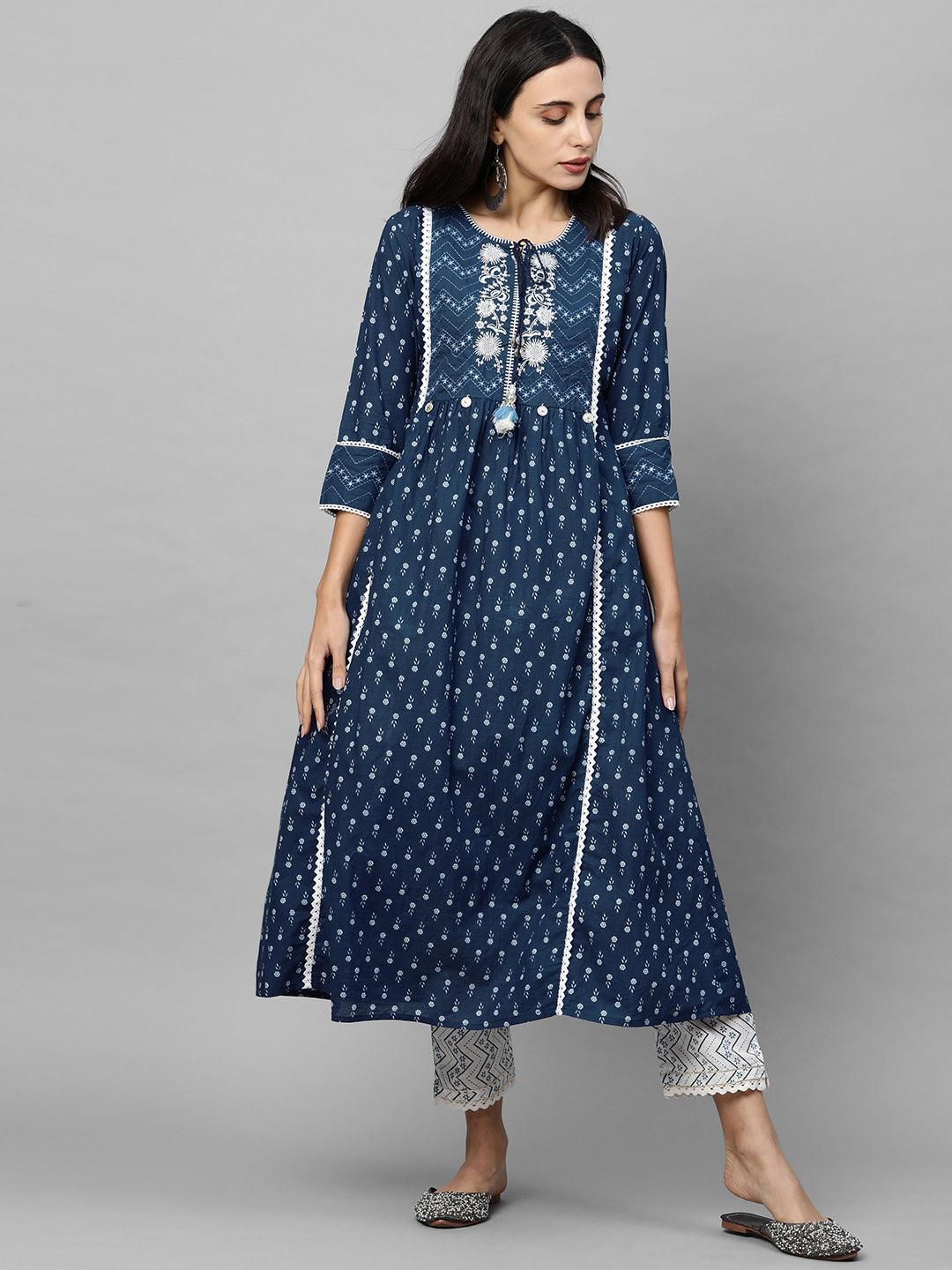 Floral Printed & Embroidered Kurta with Printed Pant & Dupatta - Navy Blue - Indiakreations