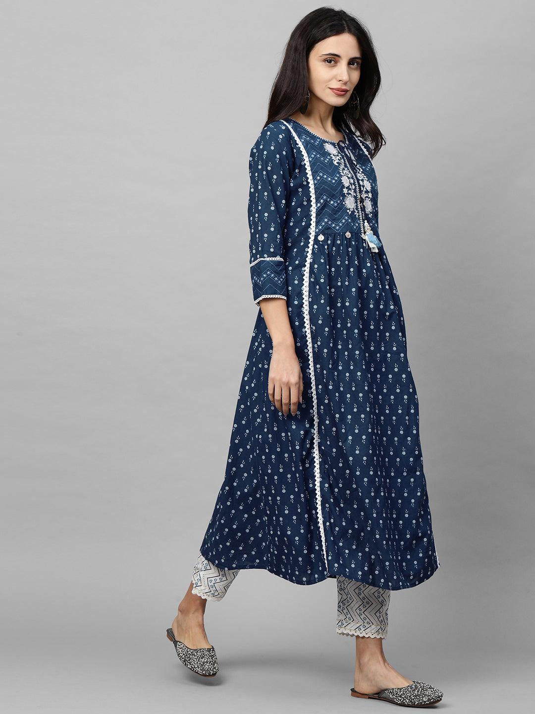 Floral Printed & Embroidered Kurta with Printed Pant & Dupatta - Navy Blue - Indiakreations