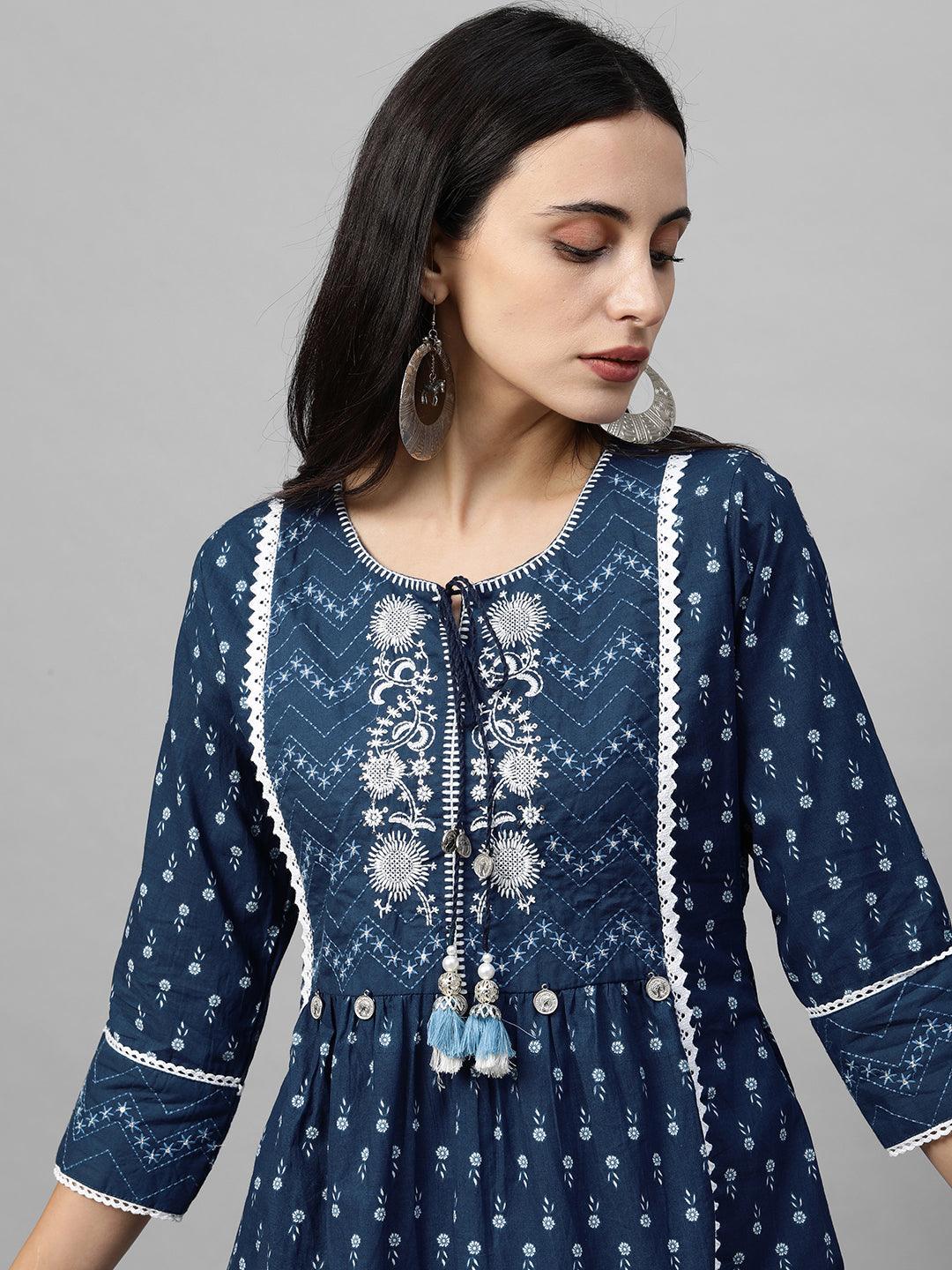 Floral Printed & Embroidered Kurta with Printed Pant & Dupatta - Navy Blue - Indiakreations