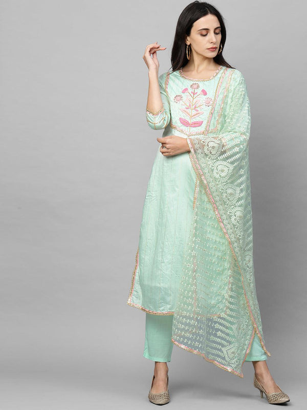 Floral Embroidered Straight Kurta with Solid Pant & Embroidered Dupatta - Pastel Green - Indiakreations