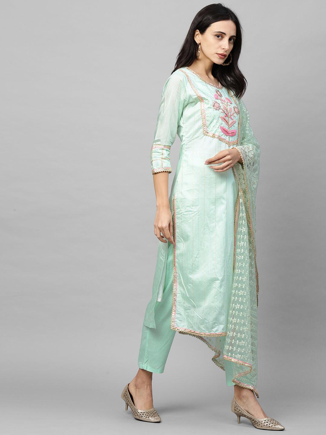 Floral Embroidered Straight Kurta with Solid Pant & Embroidered Dupatta - Pastel Green - Indiakreations