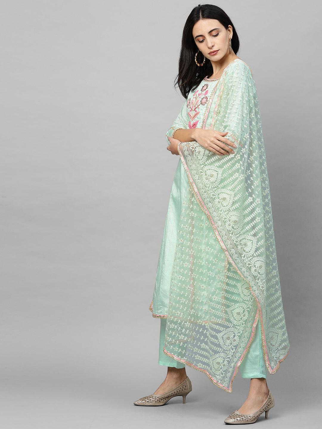 Floral Embroidered Straight Kurta with Solid Pant & Embroidered Dupatta - Pastel Green - Indiakreations