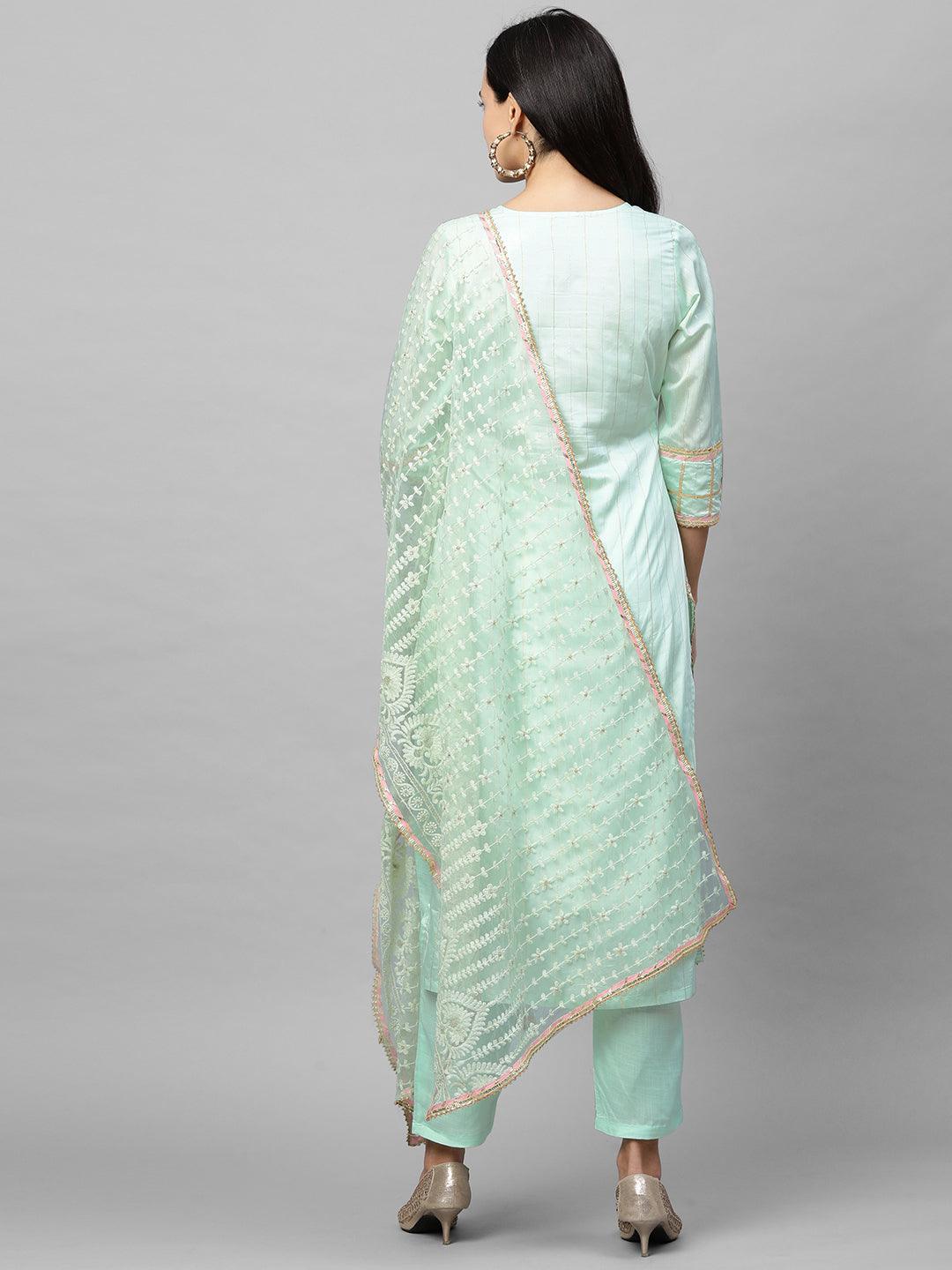 Floral Embroidered Straight Kurta with Solid Pant & Embroidered Dupatta - Pastel Green - Indiakreations