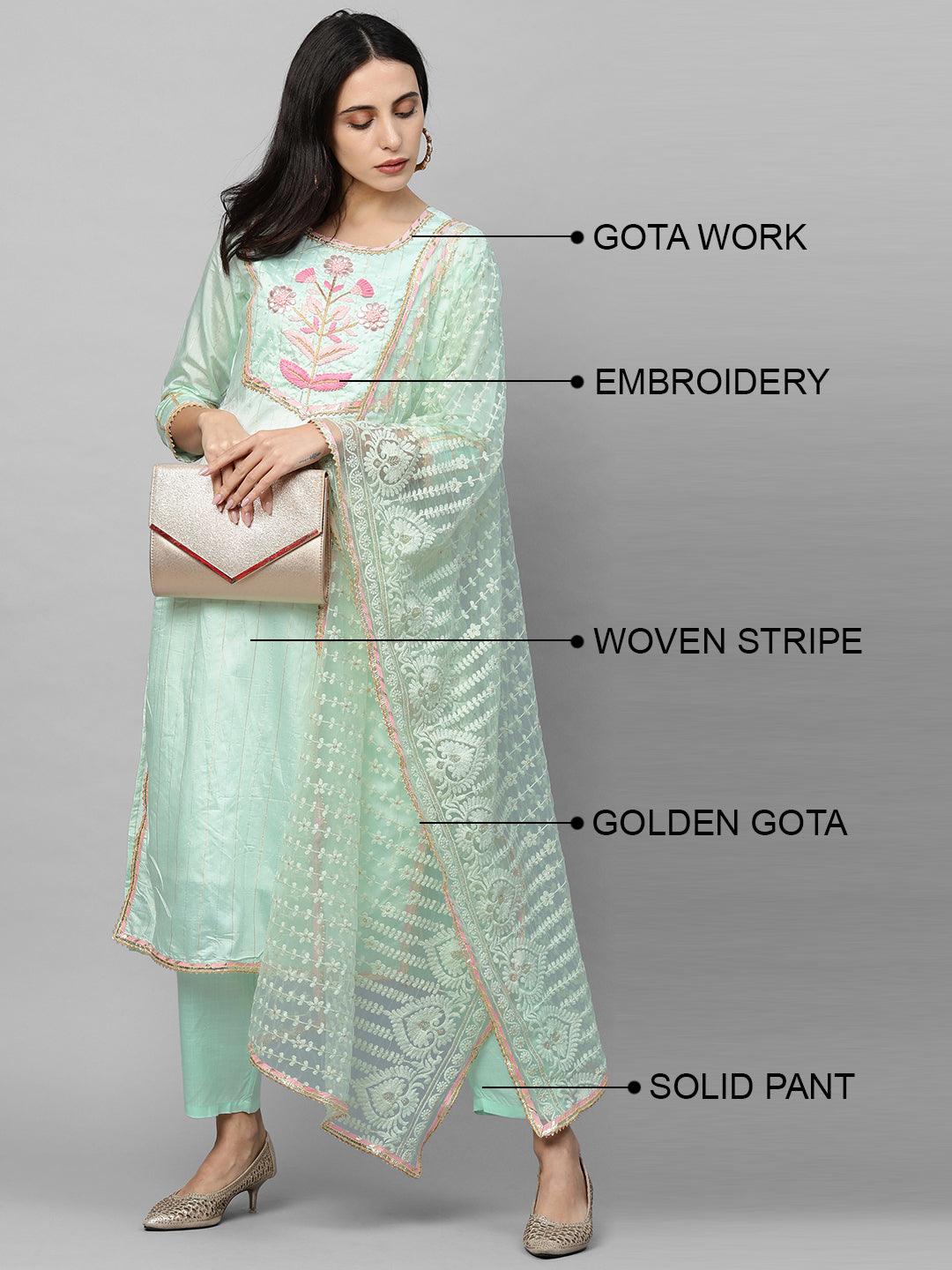 Floral Embroidered Straight Kurta with Solid Pant & Embroidered Dupatta - Pastel Green - Indiakreations