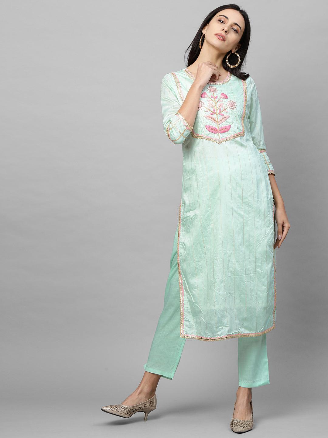 Floral Embroidered Straight Kurta with Solid Pant & Embroidered Dupatta - Pastel Green - Indiakreations