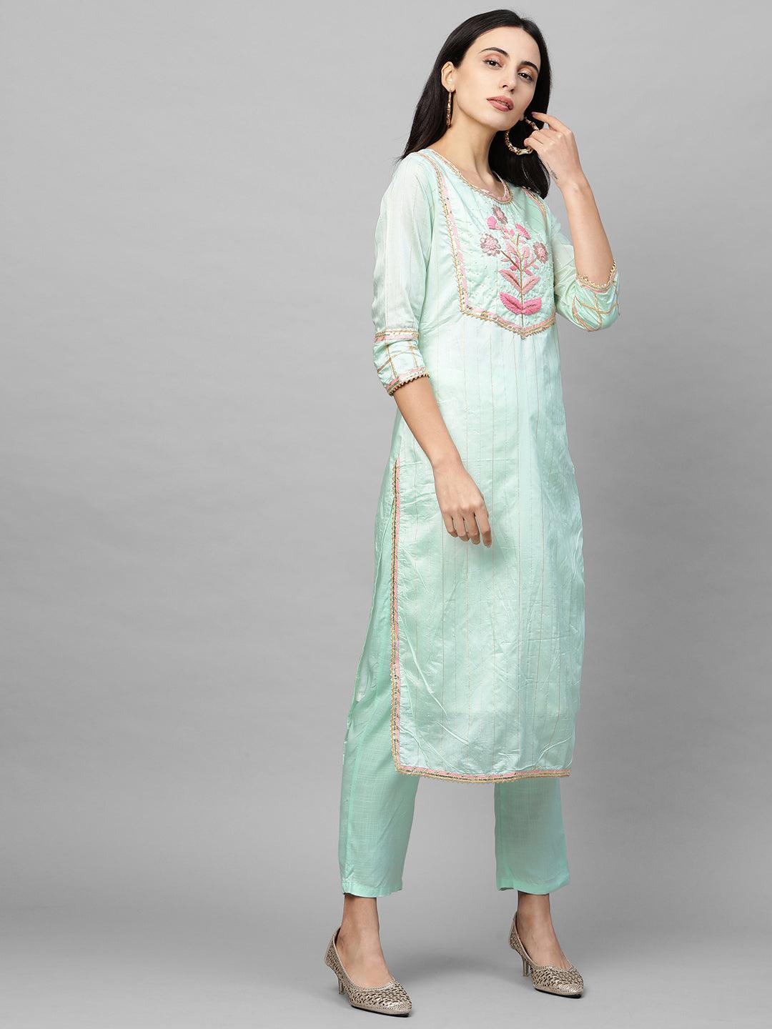 Floral Embroidered Straight Kurta with Solid Pant & Embroidered Dupatta - Pastel Green - Indiakreations