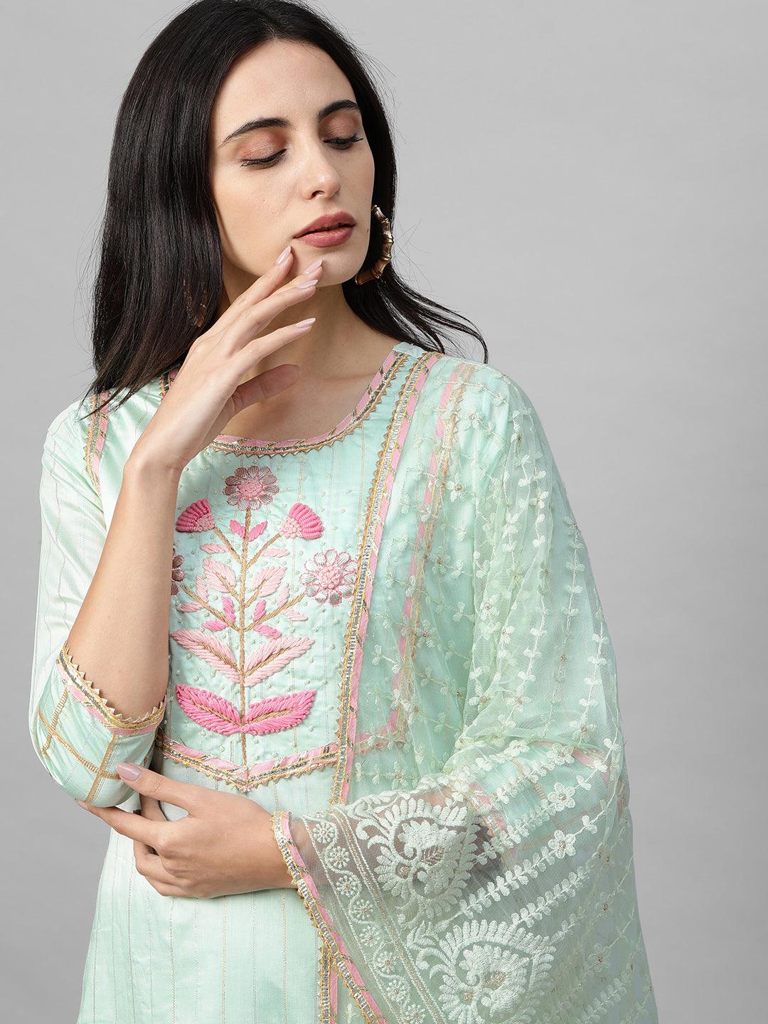 Floral Embroidered Straight Kurta with Solid Pant & Embroidered Dupatta - Pastel Green - Indiakreations