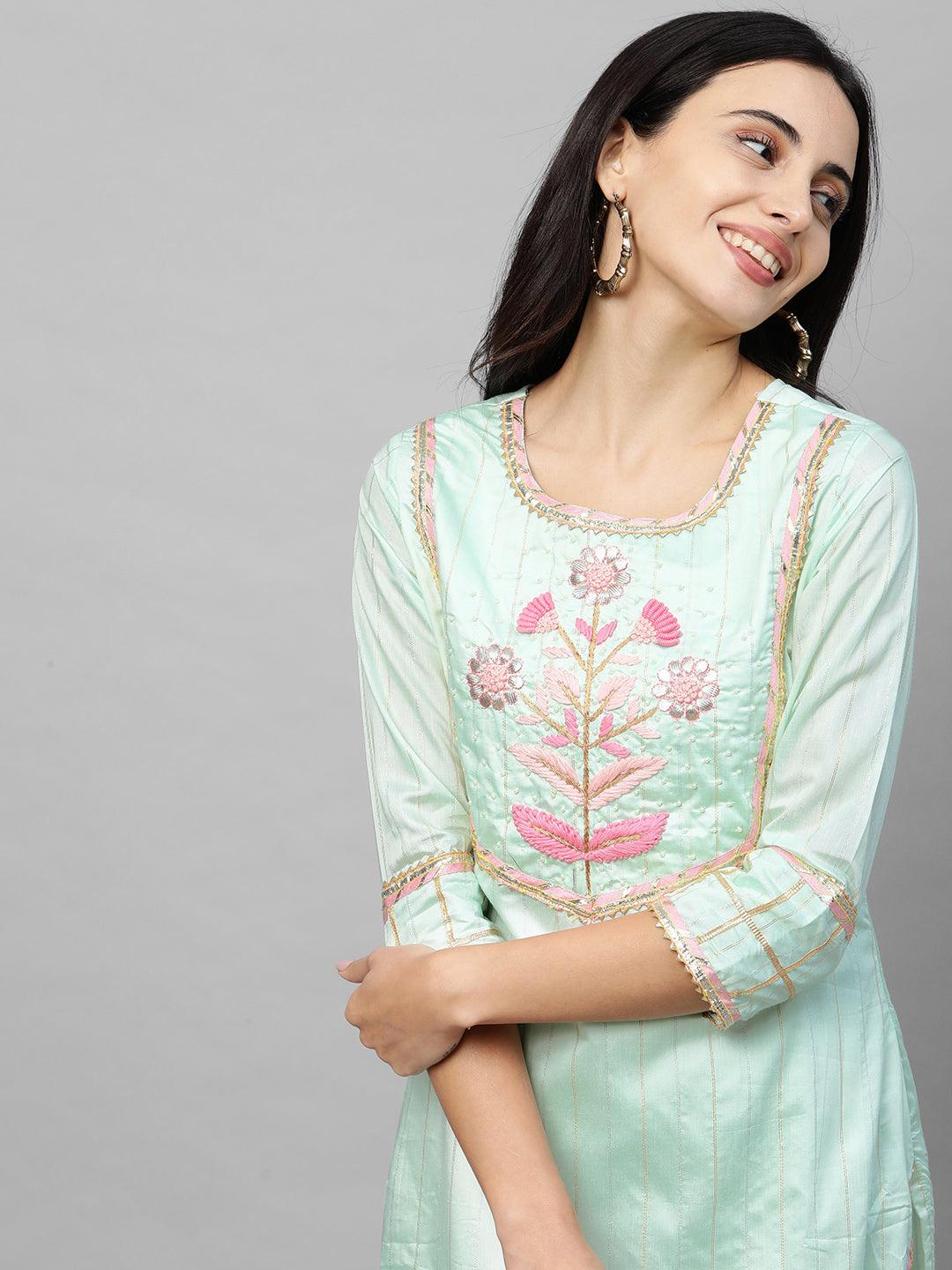 Floral Embroidered Straight Kurta with Solid Pant & Embroidered Dupatta - Pastel Green - Indiakreations