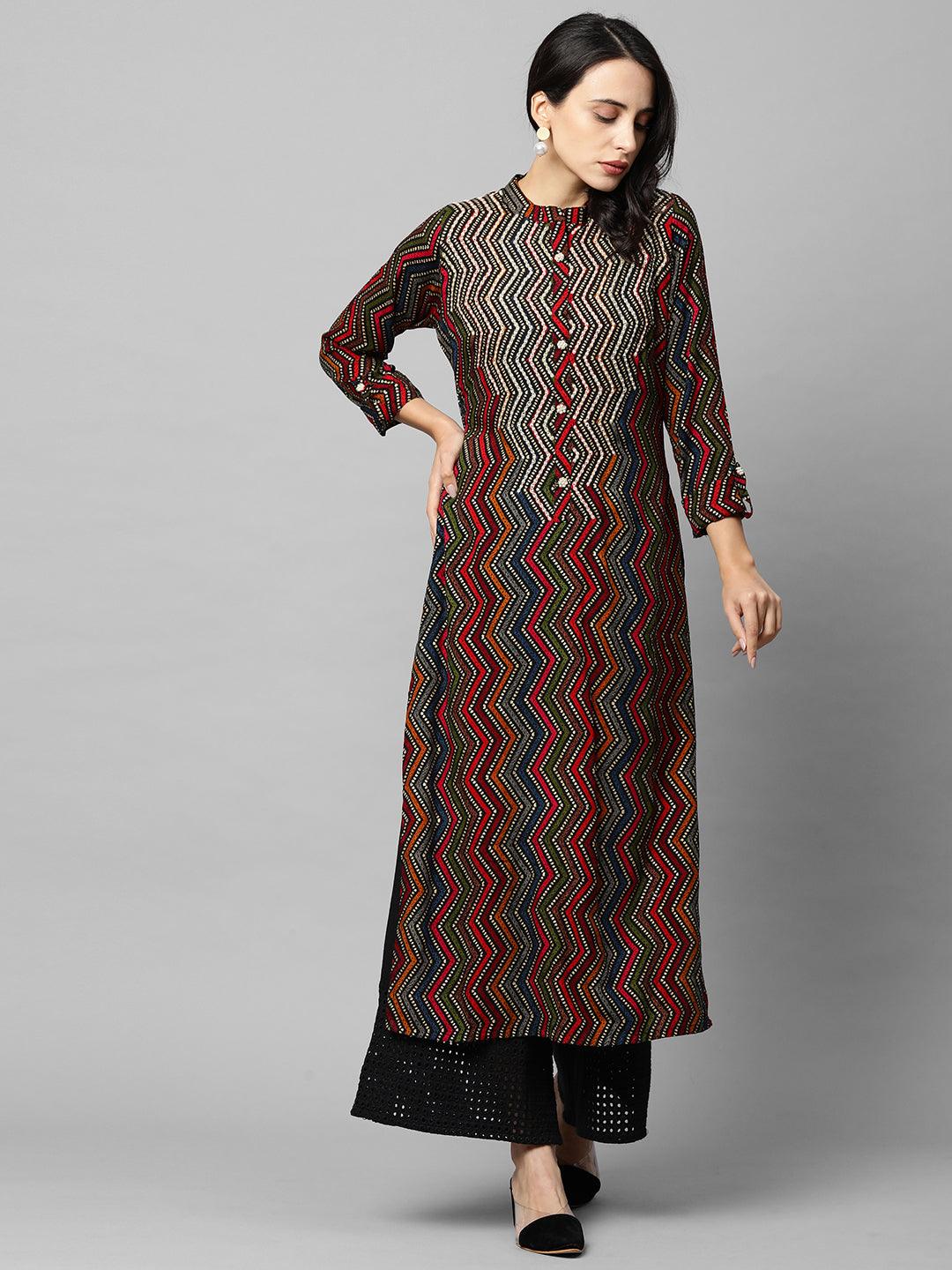 Chevron Printed & Beads Embroidered Kurta - Multi - Indiakreations