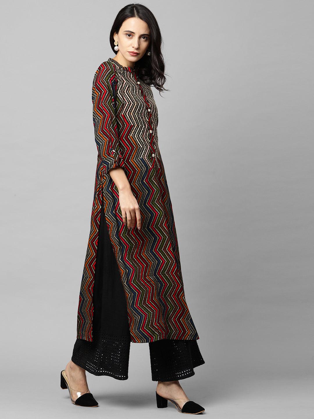 Chevron Printed & Beads Embroidered Kurta - Multi - Indiakreations