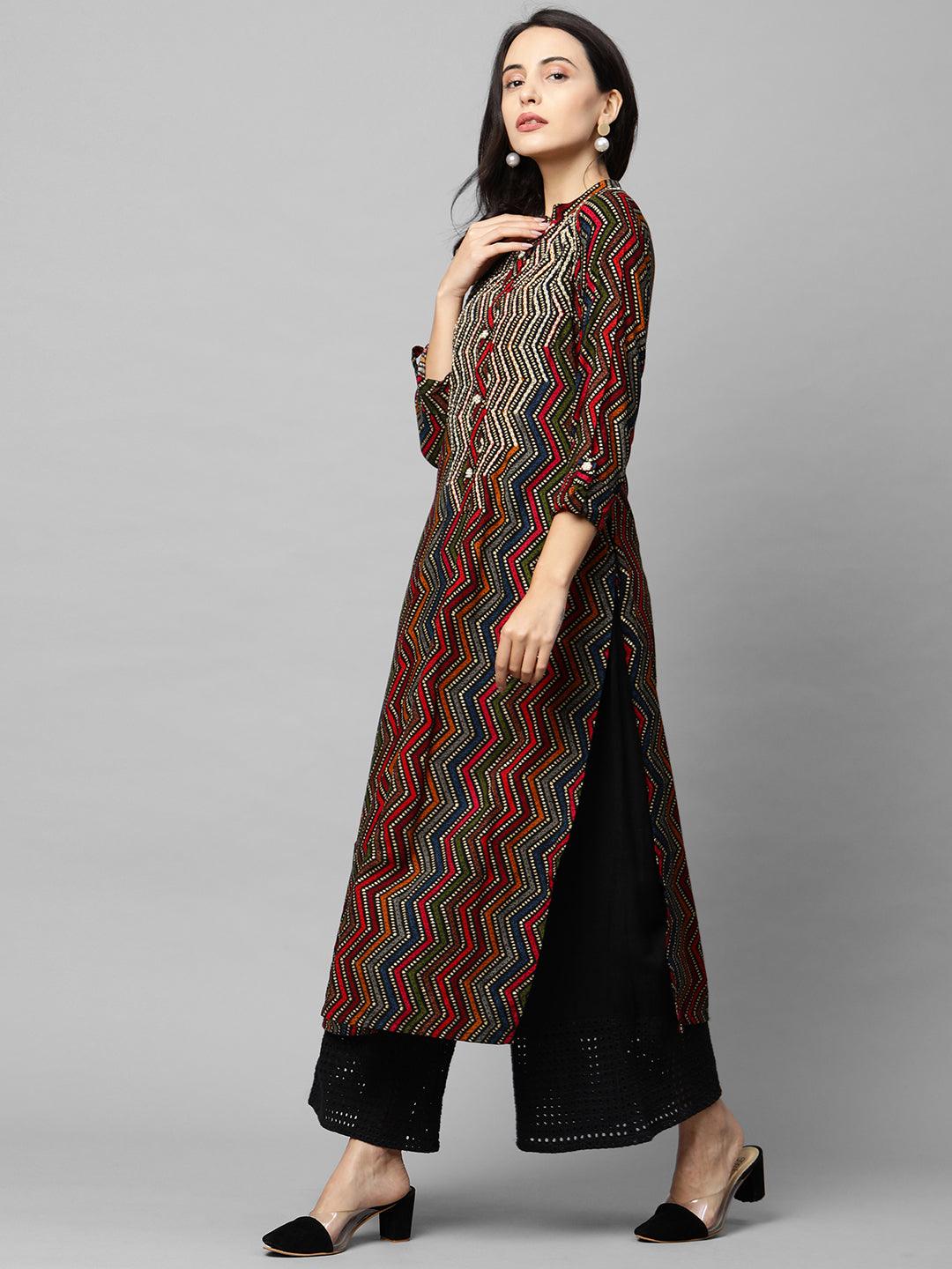 Chevron Printed & Beads Embroidered Kurta - Multi - Indiakreations