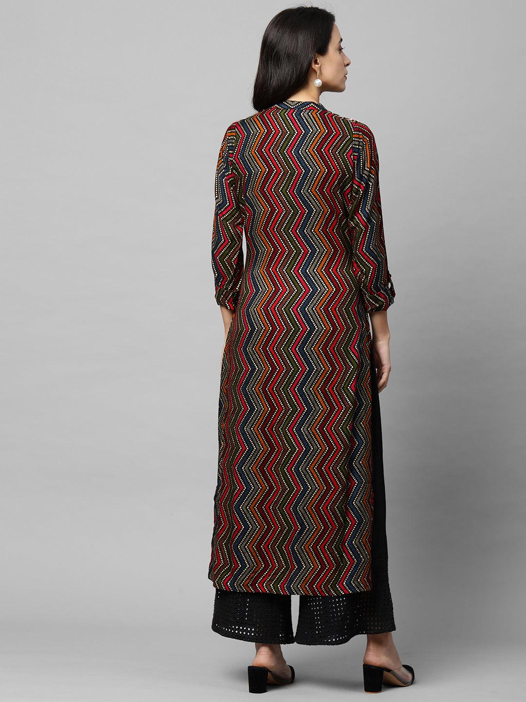 Chevron Printed & Beads Embroidered Kurta - Multi - Indiakreations