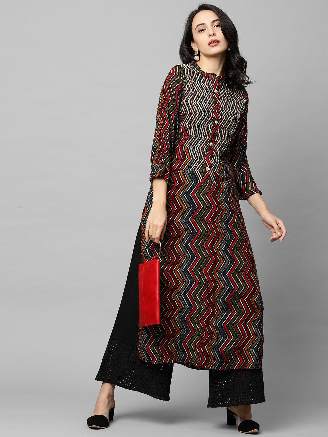 Chevron Printed & Beads Embroidered Kurta - Multi - Indiakreations