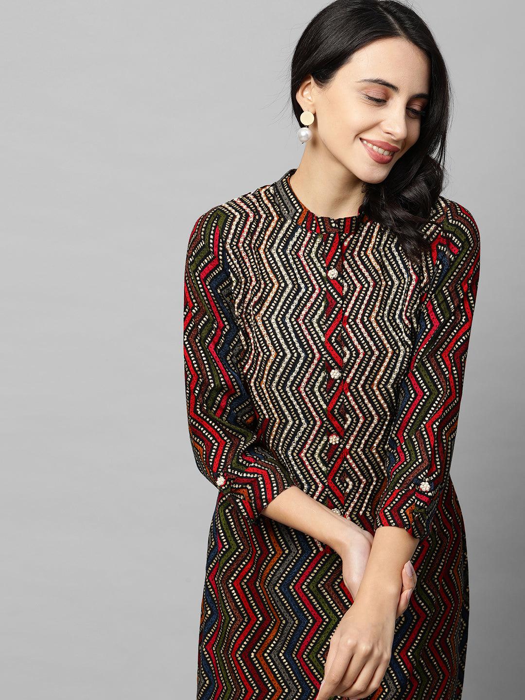 Chevron Printed & Beads Embroidered Kurta - Multi - Indiakreations