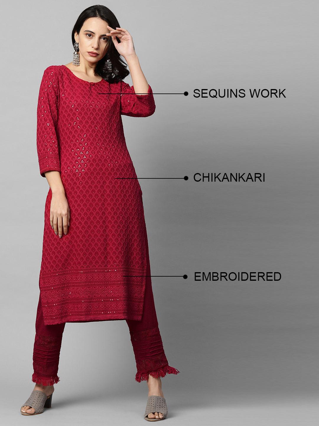 Intricate Chikankari Embroidered Straight Kurta - Red - Indiakreations