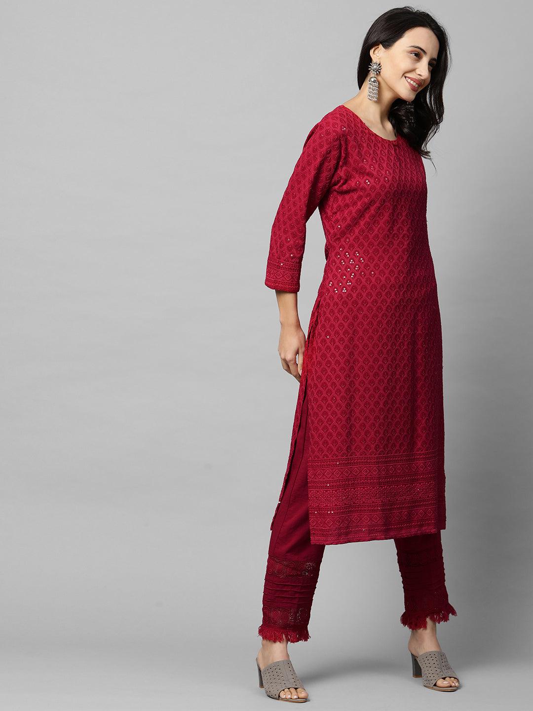 Intricate Chikankari Embroidered Straight Kurta - Red - Indiakreations