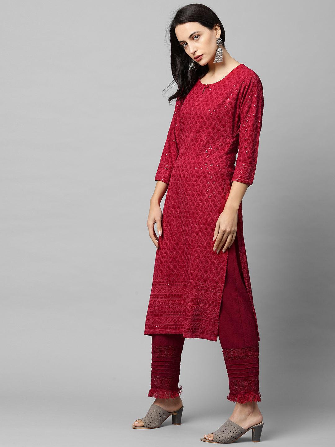 Intricate Chikankari Embroidered Straight Kurta - Red - Indiakreations