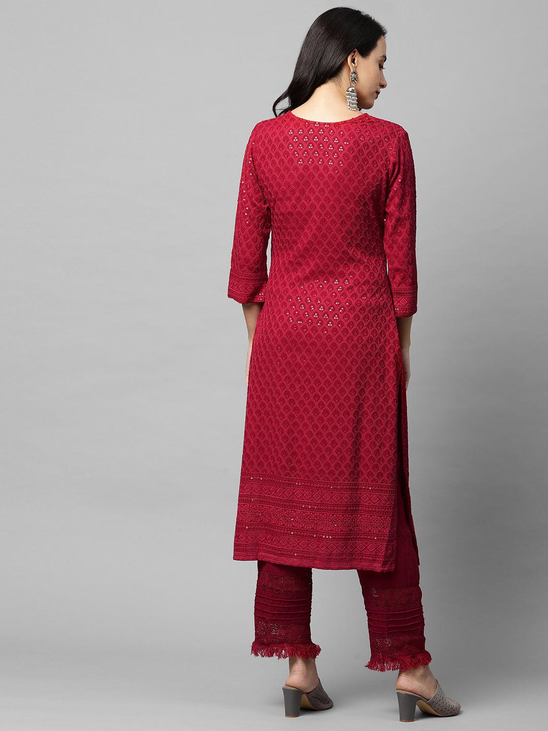 Intricate Chikankari Embroidered Straight Kurta - Red - Indiakreations