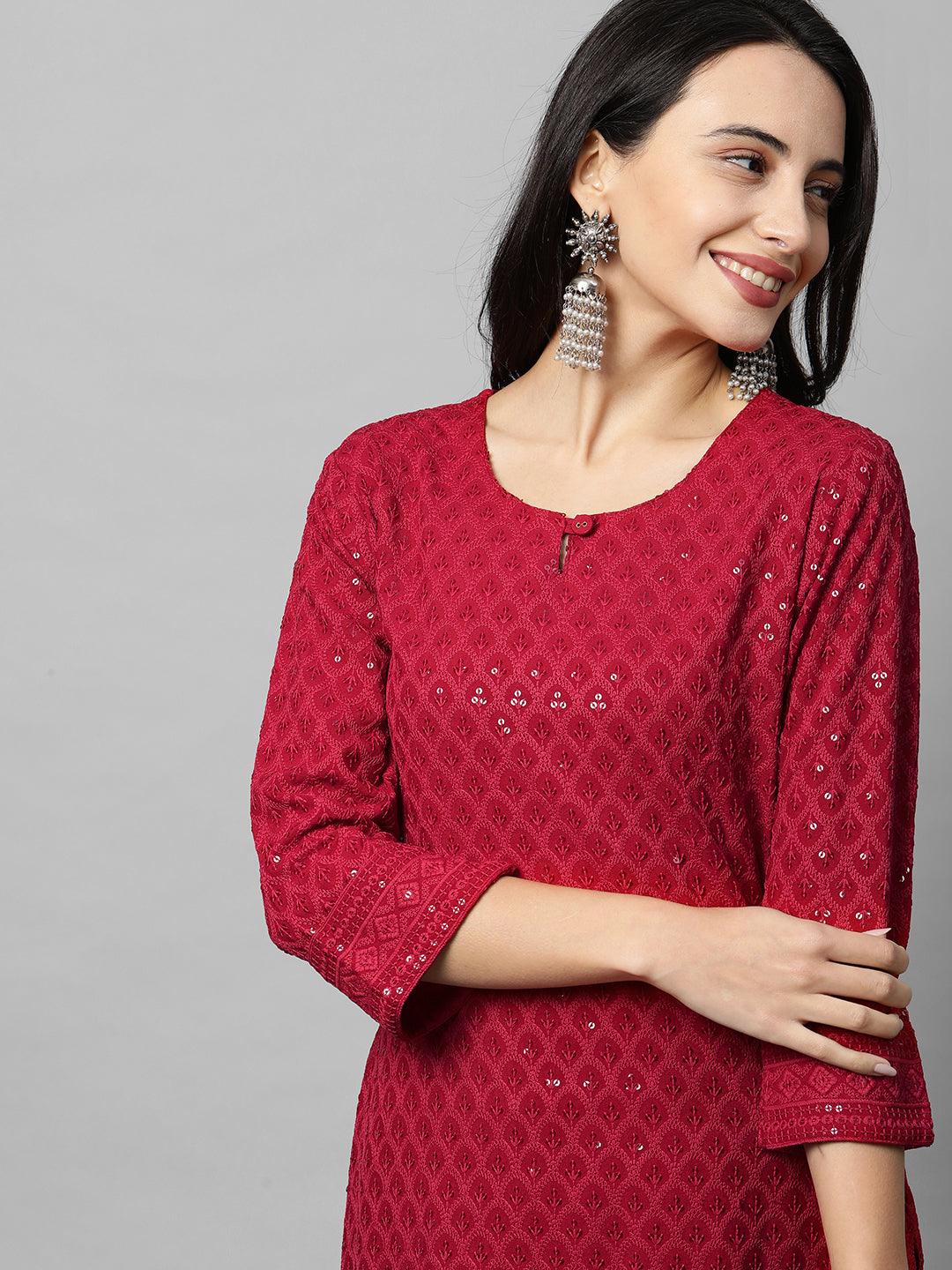 Intricate Chikankari Embroidered Straight Kurta - Red - Indiakreations