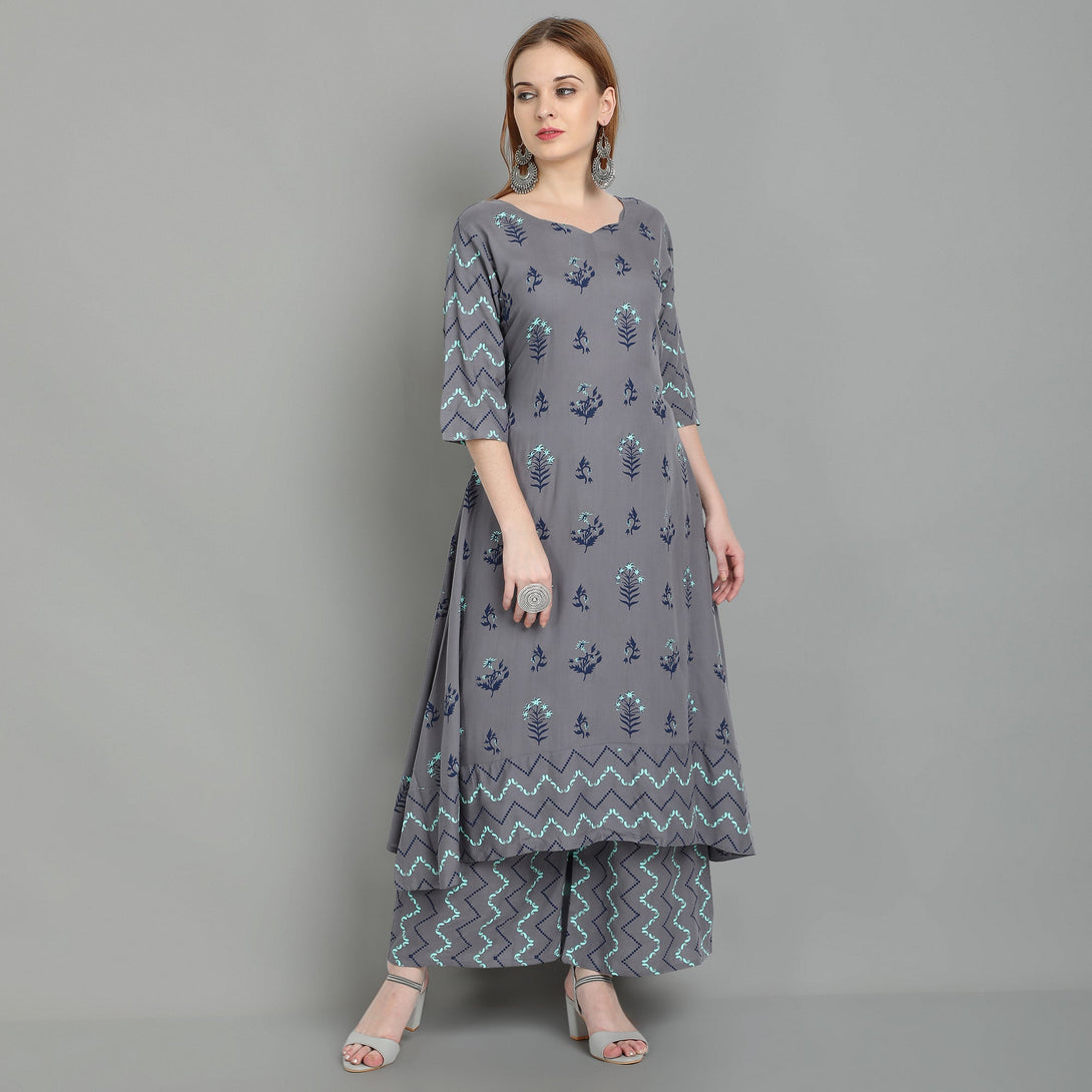 Women's Grey Rayon Kurta And Sharara Set - Noz2Toz