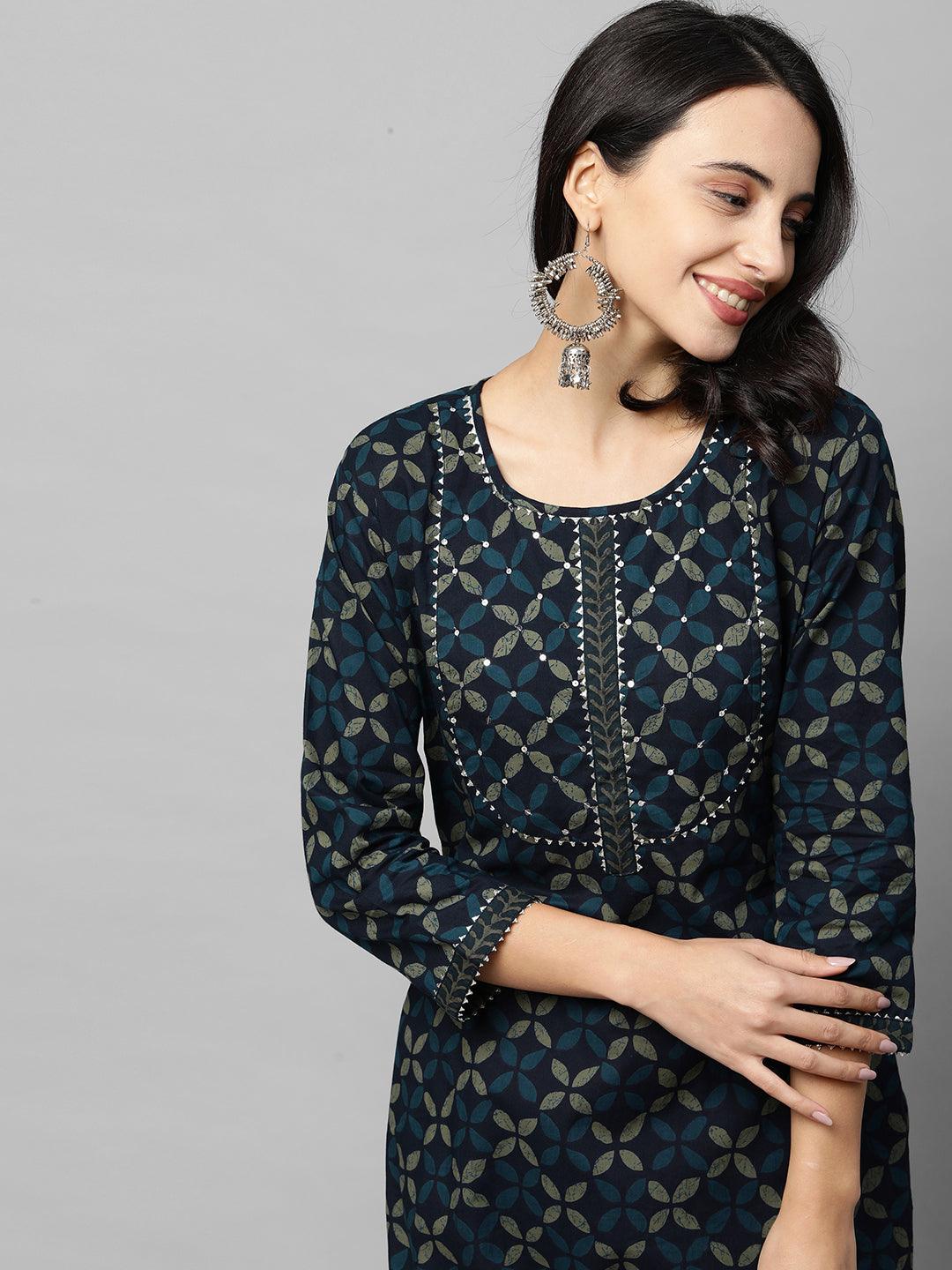 Ethnic Printed & Gota Embroidered Straight Kurta - Navy Blue - Indiakreations