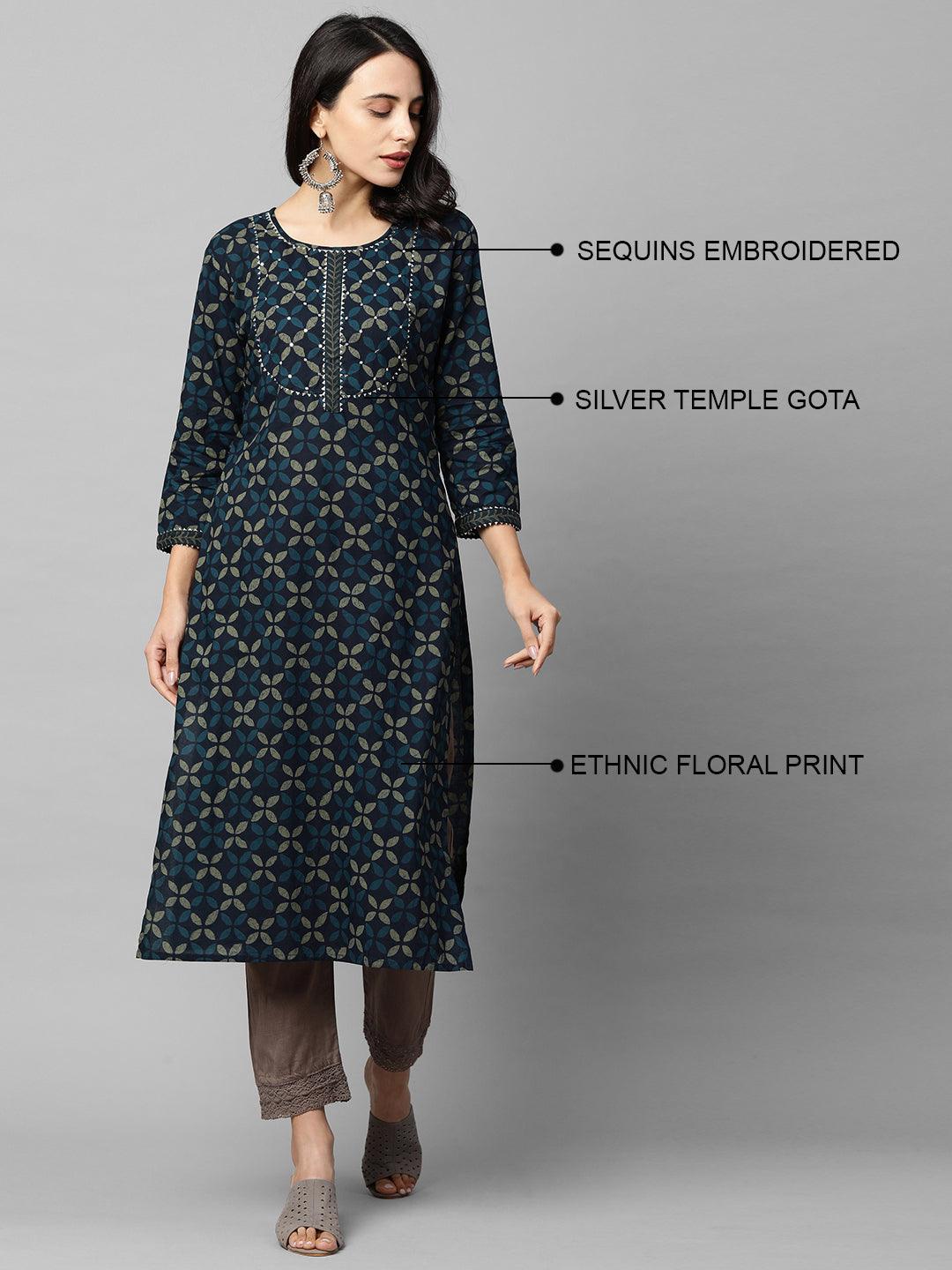 Ethnic Printed & Gota Embroidered Straight Kurta - Navy Blue - Indiakreations