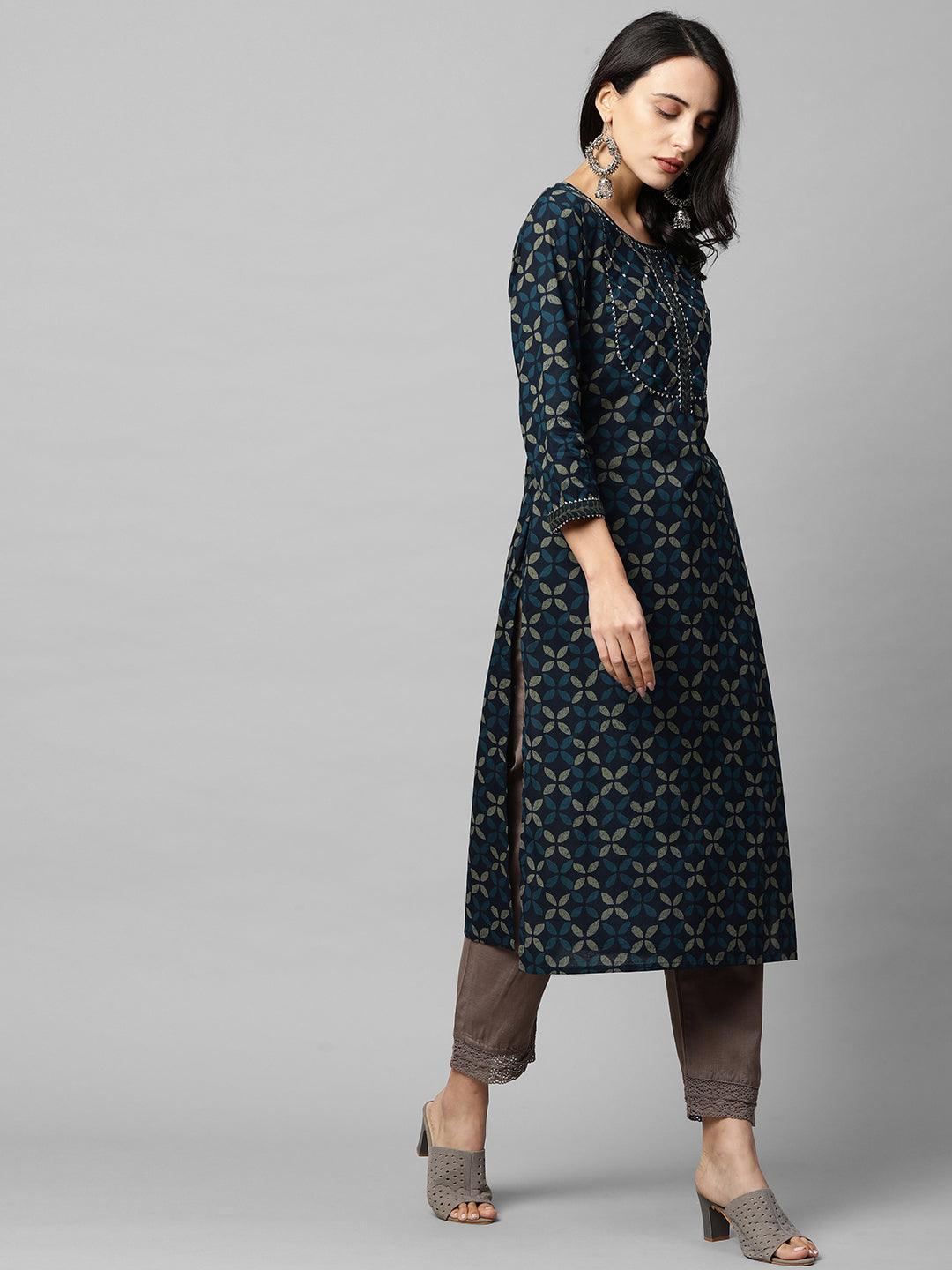 Ethnic Printed & Gota Embroidered Straight Kurta - Navy Blue - Indiakreations