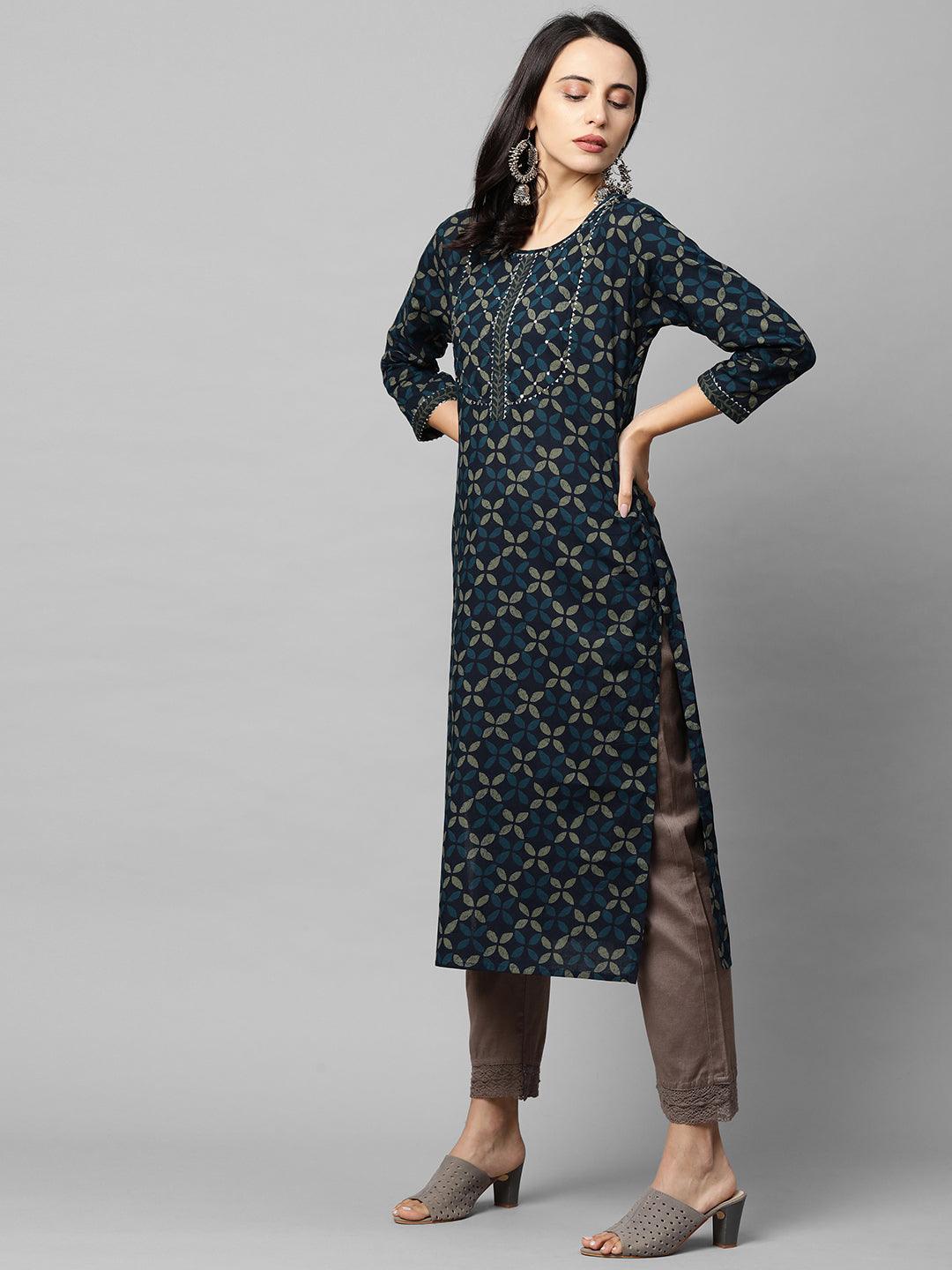 Ethnic Printed & Gota Embroidered Straight Kurta - Navy Blue - Indiakreations