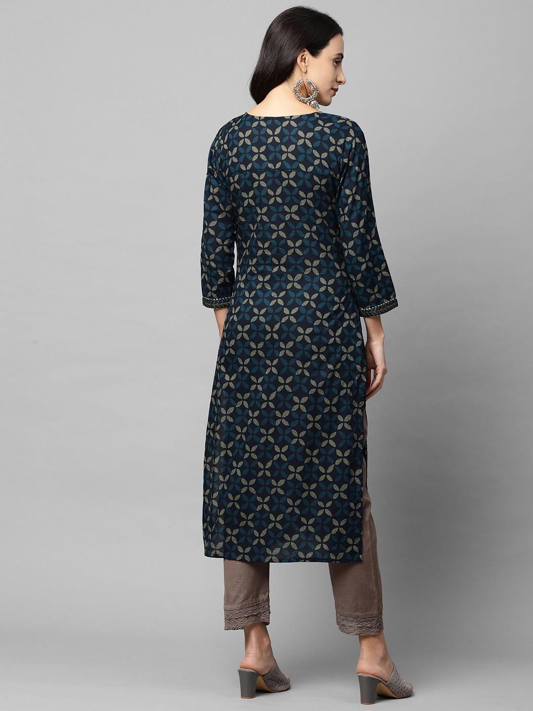 Ethnic Printed & Gota Embroidered Straight Kurta - Navy Blue - Indiakreations