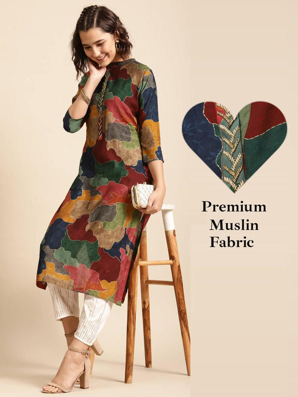 Colorful Printed & Embellished Straight Kurta – Multi - Indiakreations