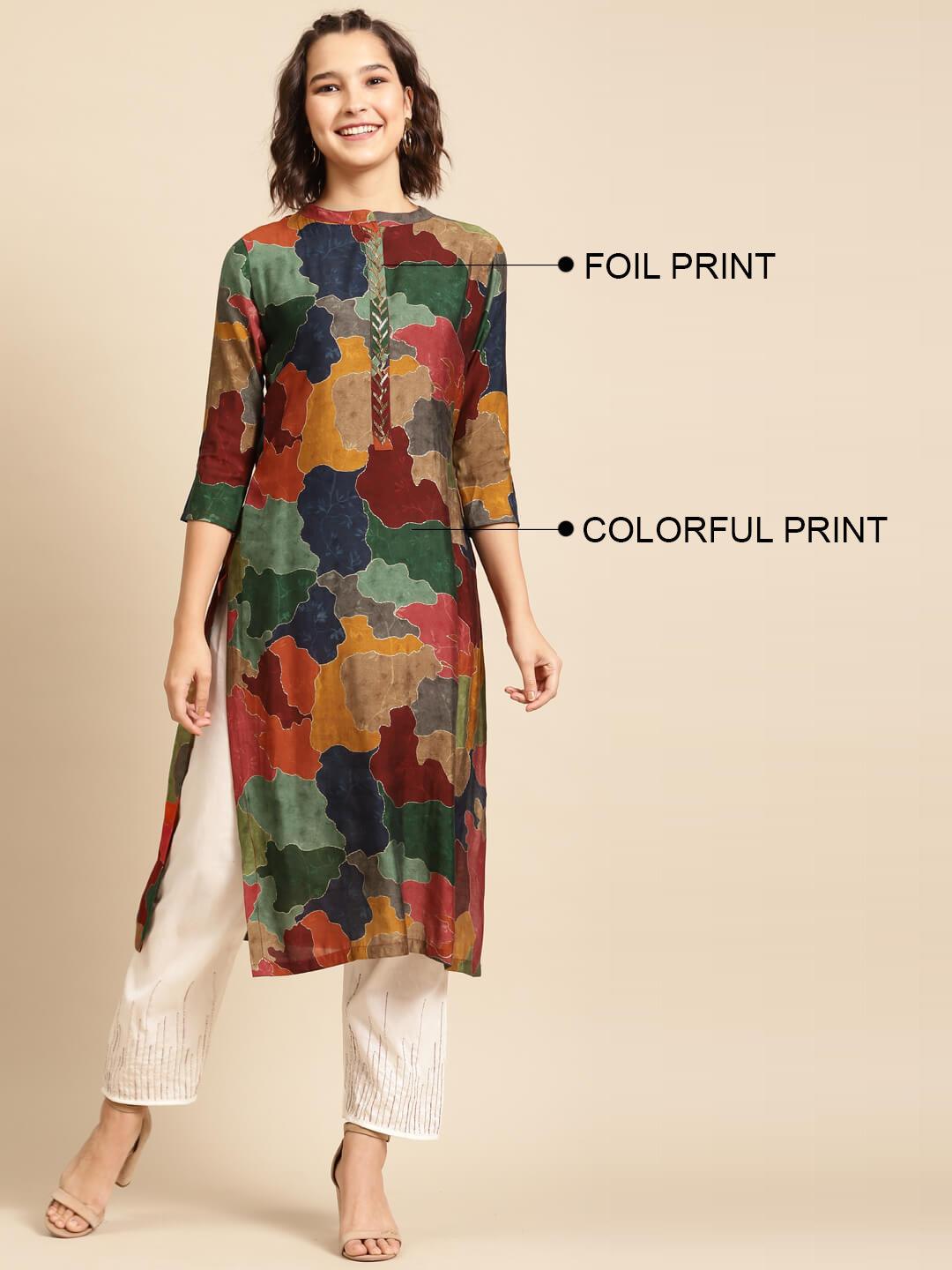 Colorful Printed & Embellished Straight Kurta – Multi - Indiakreations