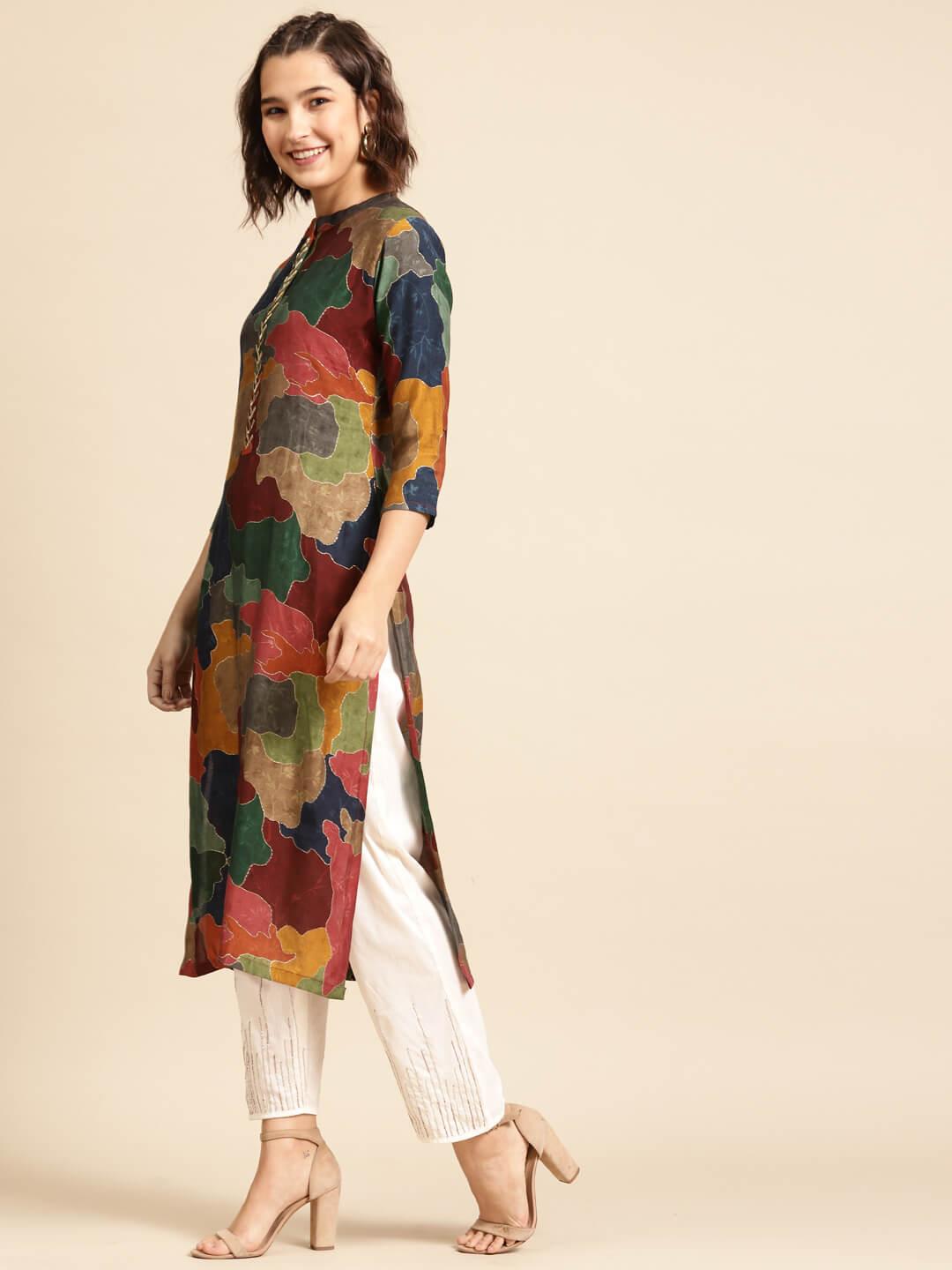 Colorful Printed & Embellished Straight Kurta – Multi - Indiakreations