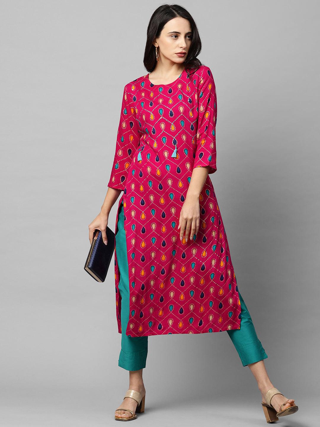 Ethnic Printed & Embroidered Straight Kurta - Pink - Indiakreations