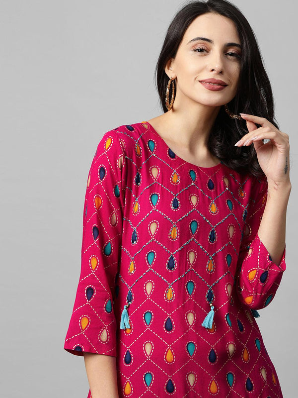 Ethnic Printed & Embroidered Straight Kurta - Pink - Indiakreations