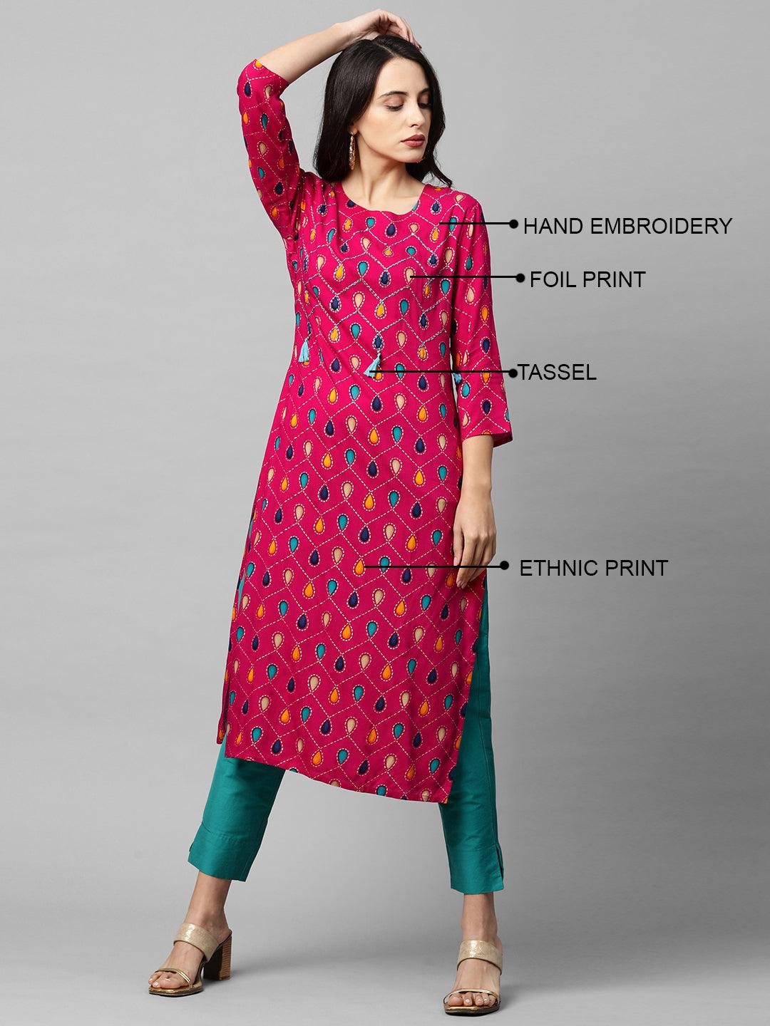 Ethnic Printed & Embroidered Straight Kurta - Pink - Indiakreations